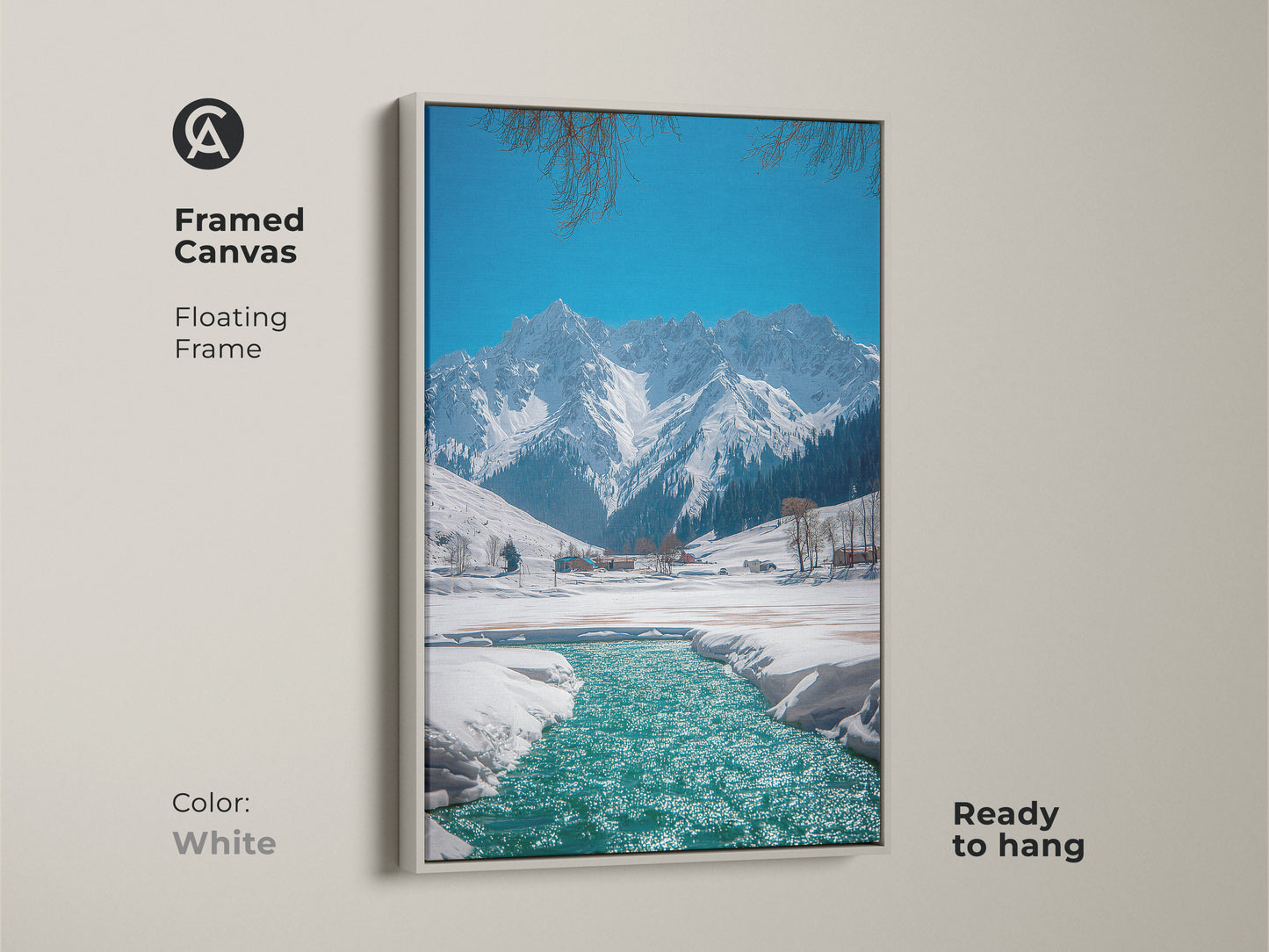 Framed canvas showcases winter mountain landscape art with a white floating frame. This ready to hang snowy river canvas print provides rustic nature wall decor. Its a great gift idea for outdoor enthusiasts featuring a blue teal landscape painting.