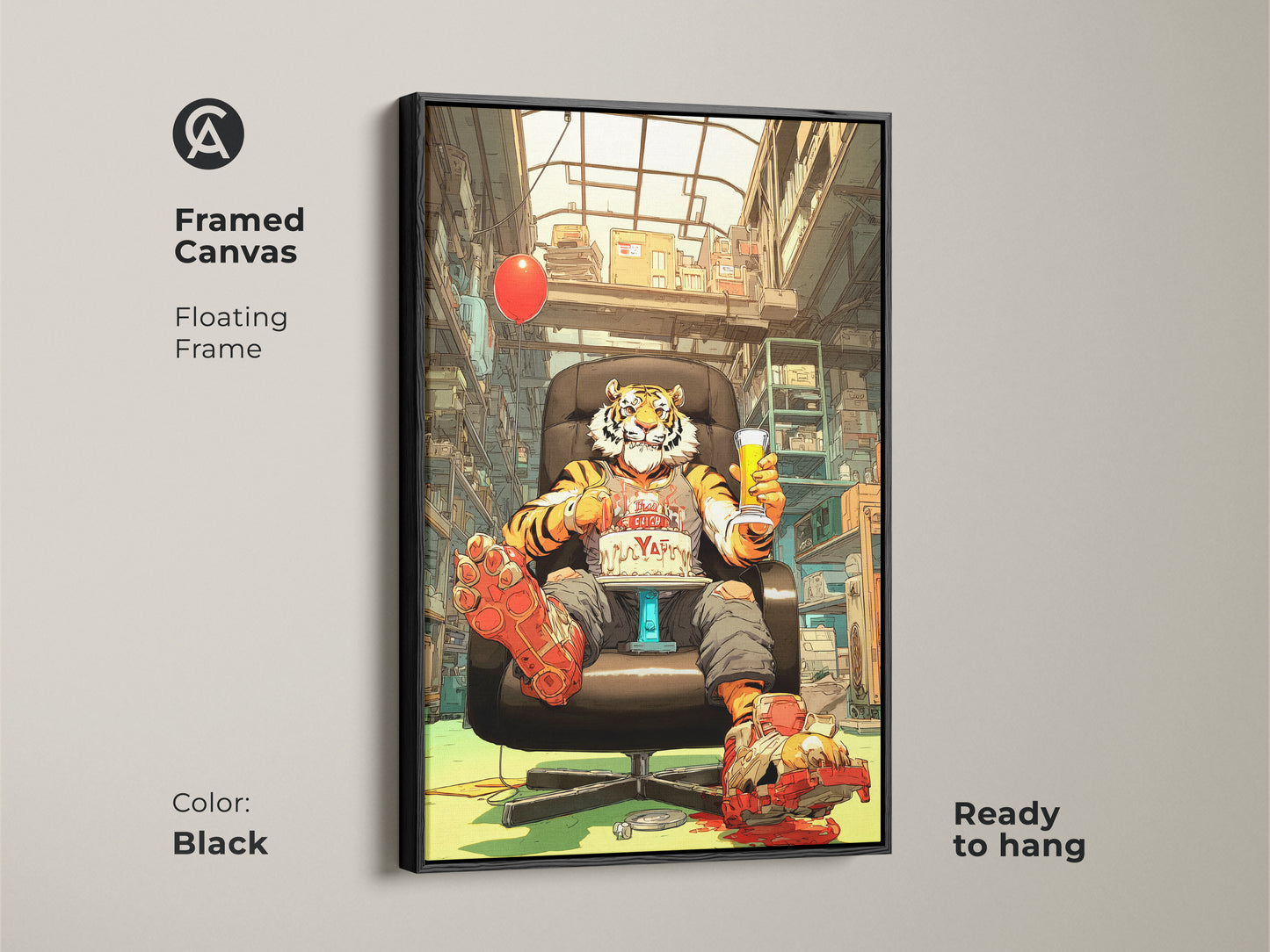 Framed canvas with a floating black frame showcases a surreal pop art tiger. This office wall artwork is ready to hang. The eclectic orange red yellow animal painting adds a unique touch. It is a perfect birthday gift for him or a quirky office decor.