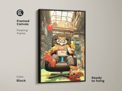 Framed canvas with a floating black frame showcases a surreal pop art tiger. This office wall artwork is ready to hang. The eclectic orange red yellow animal painting adds a unique touch. It is a perfect birthday gift for him or a quirky office decor.