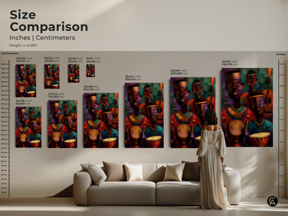 Size comparison of tribal musician canvas art and poster prints. Choose from various sizes to enhance your eclectic home decor. This abstract expressionism wall art features deep purple orange and teal hues. Find the perfect statement wall art canvas to add vibrant color and a cultural touch to your living space.