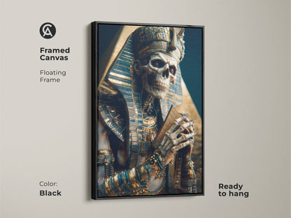 Framed Canvas presents an Egyptian Pharaoh Skeleton. Floating in a black frame this dark academia artwork offers a gothic skeletal art. Ready to hang the gold and blue canvas enhances any wall.