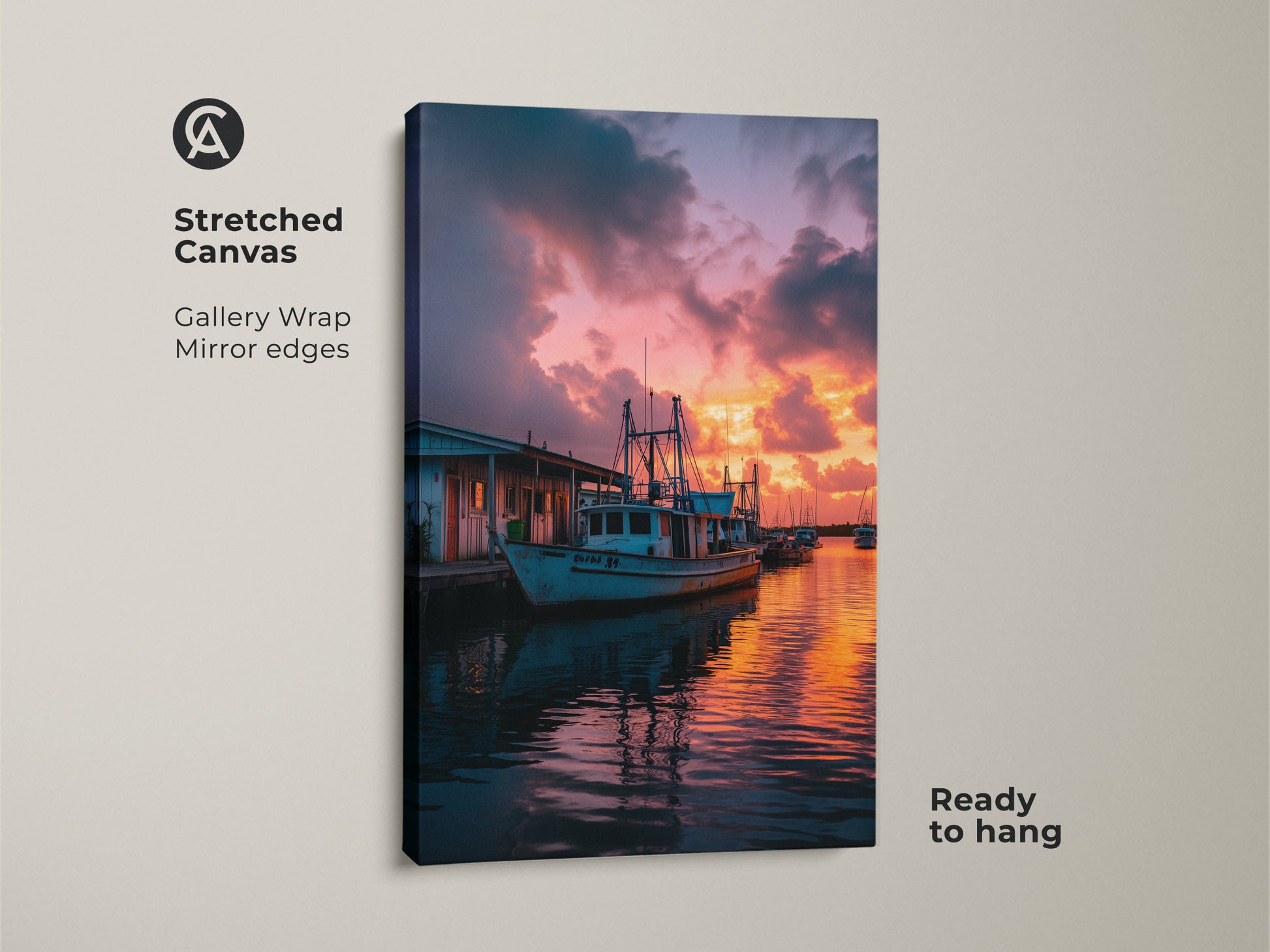 Stretched canvas print of a fishing boat at sunset. The gallery wrap and mirror edges provide a modern touch. This artwork is ready to hang perfect for nautical beach house decor. The orange and pink sky adds a vibrant touch to coastal home wall decor.