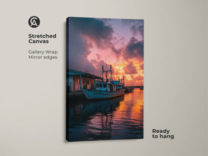 Stretched canvas print of a fishing boat at sunset. The gallery wrap and mirror edges provide a modern touch. This artwork is ready to hang perfect for nautical beach house decor. The orange and pink sky adds a vibrant touch to coastal home wall decor.