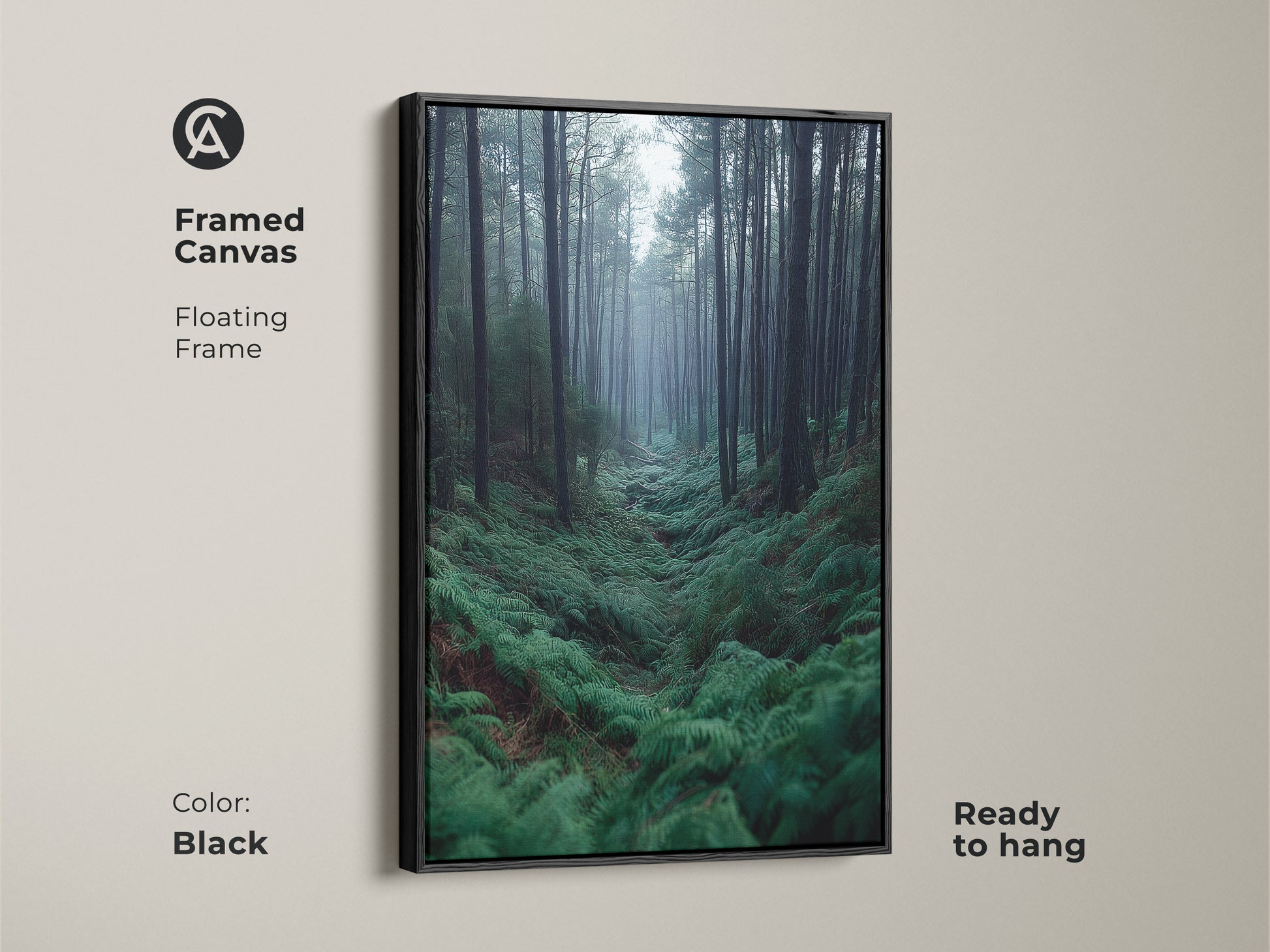 Framed canvas of a Fern Filled Forest Art scene. This ready to hang forest art features a floating black frame. This deep green nature print is perfect cozy bedroom wall decor.