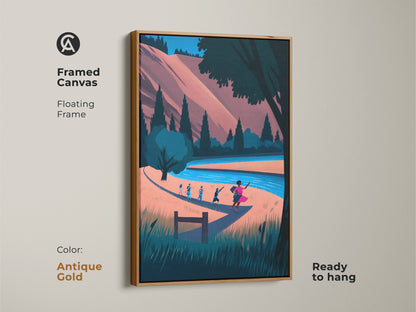 Framed Canvas version of the Boho Nature Artwork. It features hikers by a river in a landscape scene. The floating frame is antique gold. This modern folk art print is ready to hang. The coral blue teal colors brings a boho style to your space.