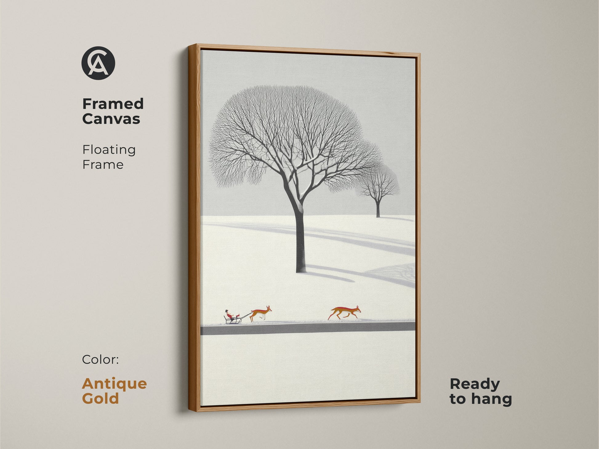 Framed canvas in antique gold showcases minimalist winter landscape wall art. The artwork has deer pulling a sleigh. The Scandinavian nature artwork brings cozy bedroom wall decor. Consider this Christmas gift for nature lovers. The winter scene art print has flat design. Snow landscape canvas for Nordic style decor.
