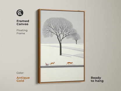 Framed canvas in antique gold showcases minimalist winter landscape wall art. The artwork has deer pulling a sleigh. The Scandinavian nature artwork brings cozy bedroom wall decor. Consider this Christmas gift for nature lovers. The winter scene art print has flat design. Snow landscape canvas for Nordic style decor.