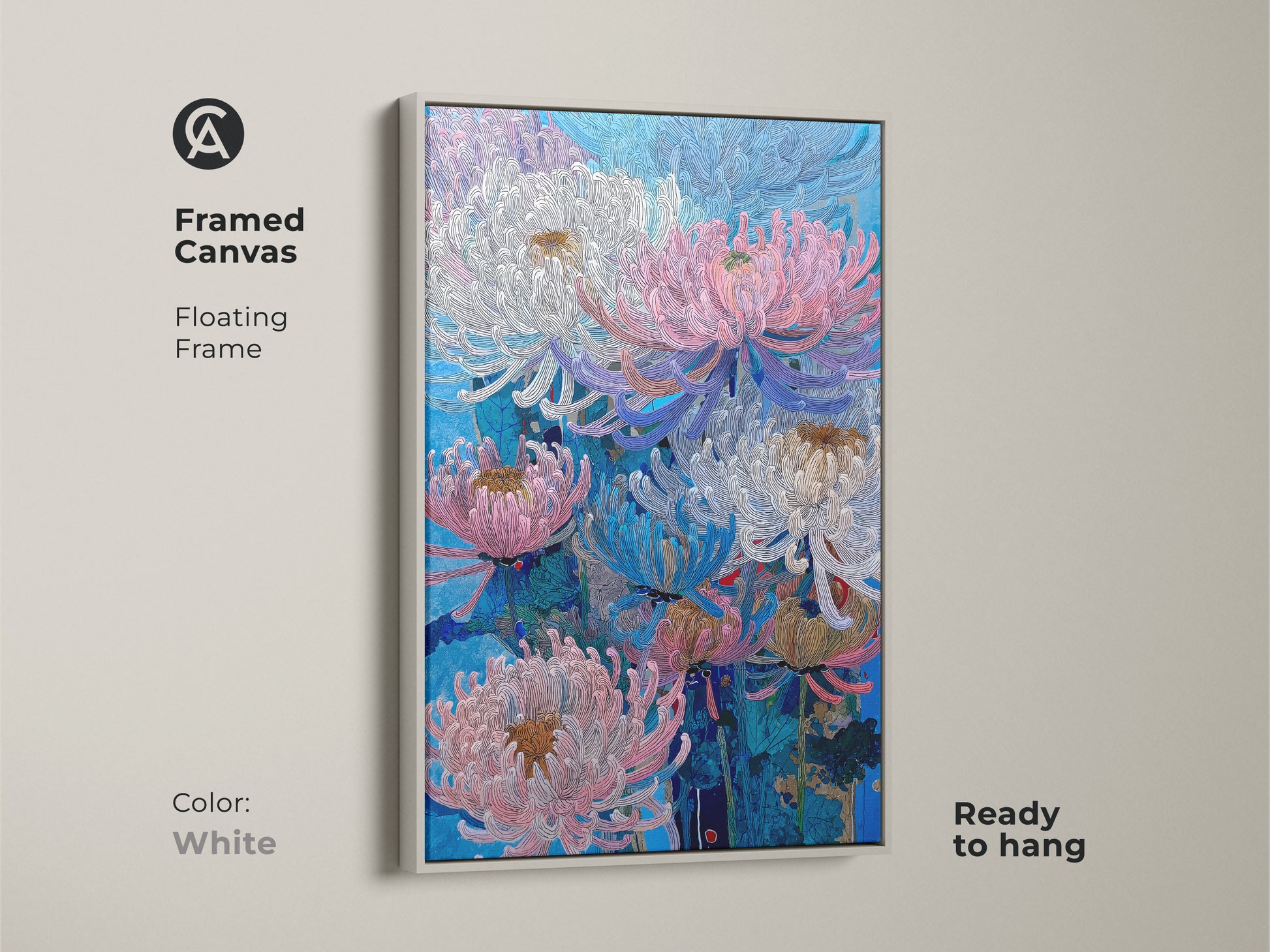 Framed canvas features pink blue and white Chrysanthemums with a floating frame. The white frame enhances this botanical nature wall art. Ready to hang floral artwork for bedroom or living room. This modern flower art adds contemporary elegance to your home decor.