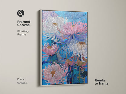 Framed canvas features pink blue and white Chrysanthemums with a floating frame. The white frame enhances this botanical nature wall art. Ready to hang floral artwork for bedroom or living room. This modern flower art adds contemporary elegance to your home decor.