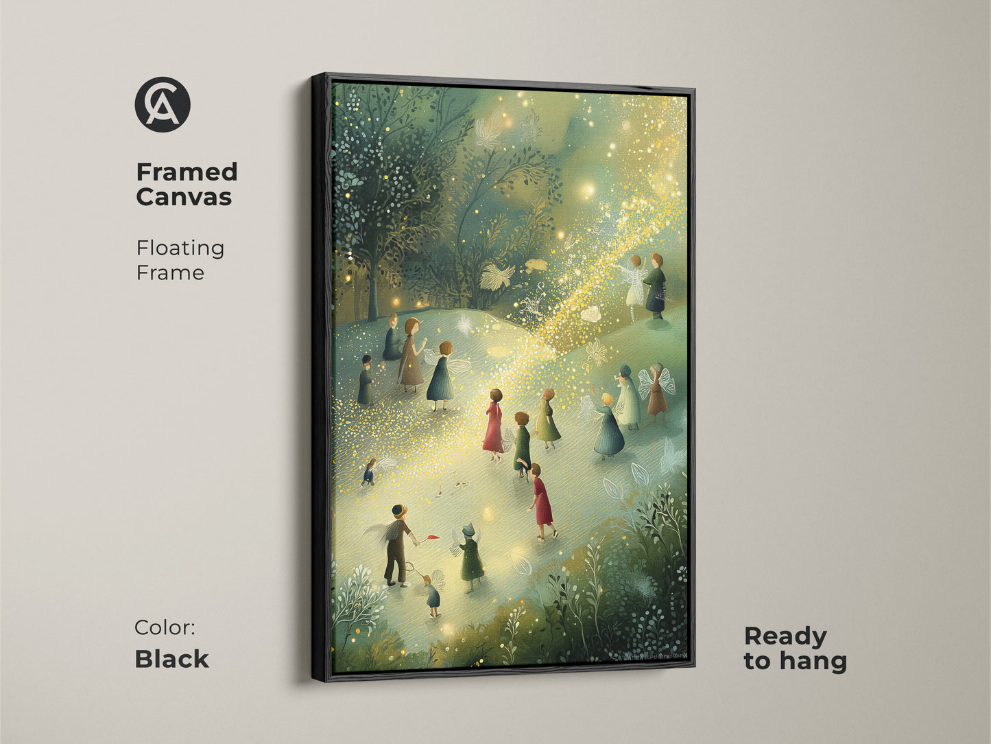 Framed canvas of a Boho Fairy Art Print. The floating frame showcases teal green and gold wall art. It is ready to hang. Perfect for kids room wall decor. This fantasy forest art brings a touch of magic.