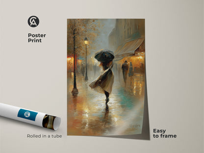 This poster print showcases a rainy day cityscape with a woman holding an umbrella. The Parisian street scene art is easy to frame. The impressionist style painting features gold and teal accents. It adds a touch of vintage charm to your walls. Ideal as a travel lover gift and sophisticated apartment decor.