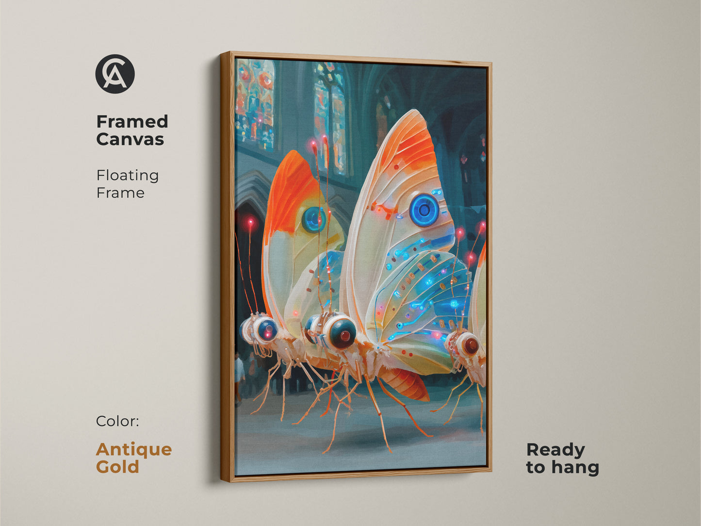 This framed canvas of mechanical butterflies is ready to hang. It features a floating frame in antique gold. The electric blue orange teal art makes unique modern decor. The surrealism canvas print is a special gift. It's a great eclectic art for the home.
