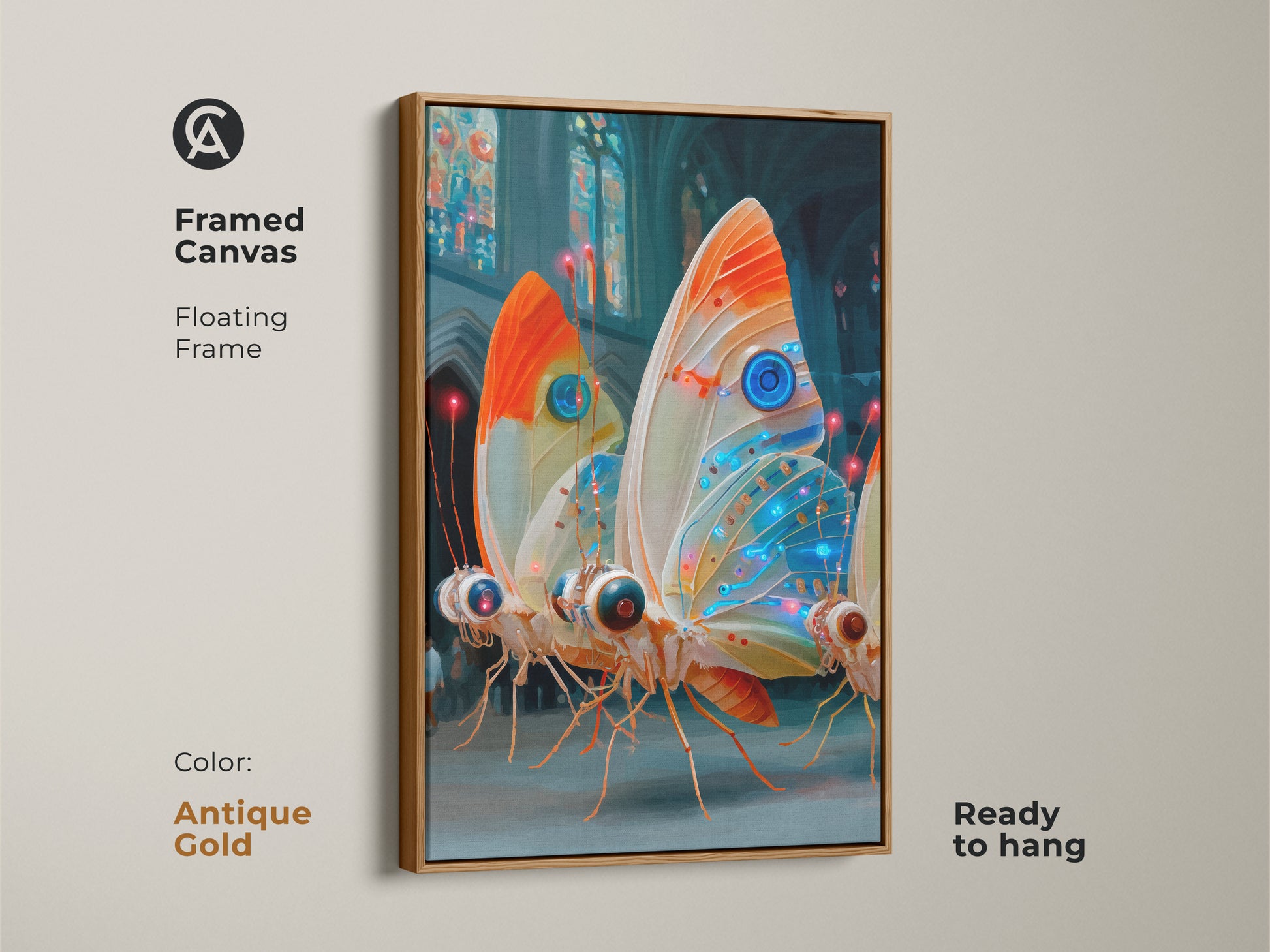 This framed canvas of mechanical butterflies is ready to hang. It features a floating frame in antique gold. The electric blue orange teal art makes unique modern decor. The surrealism canvas print is a special gift. It's a great eclectic art for the home.