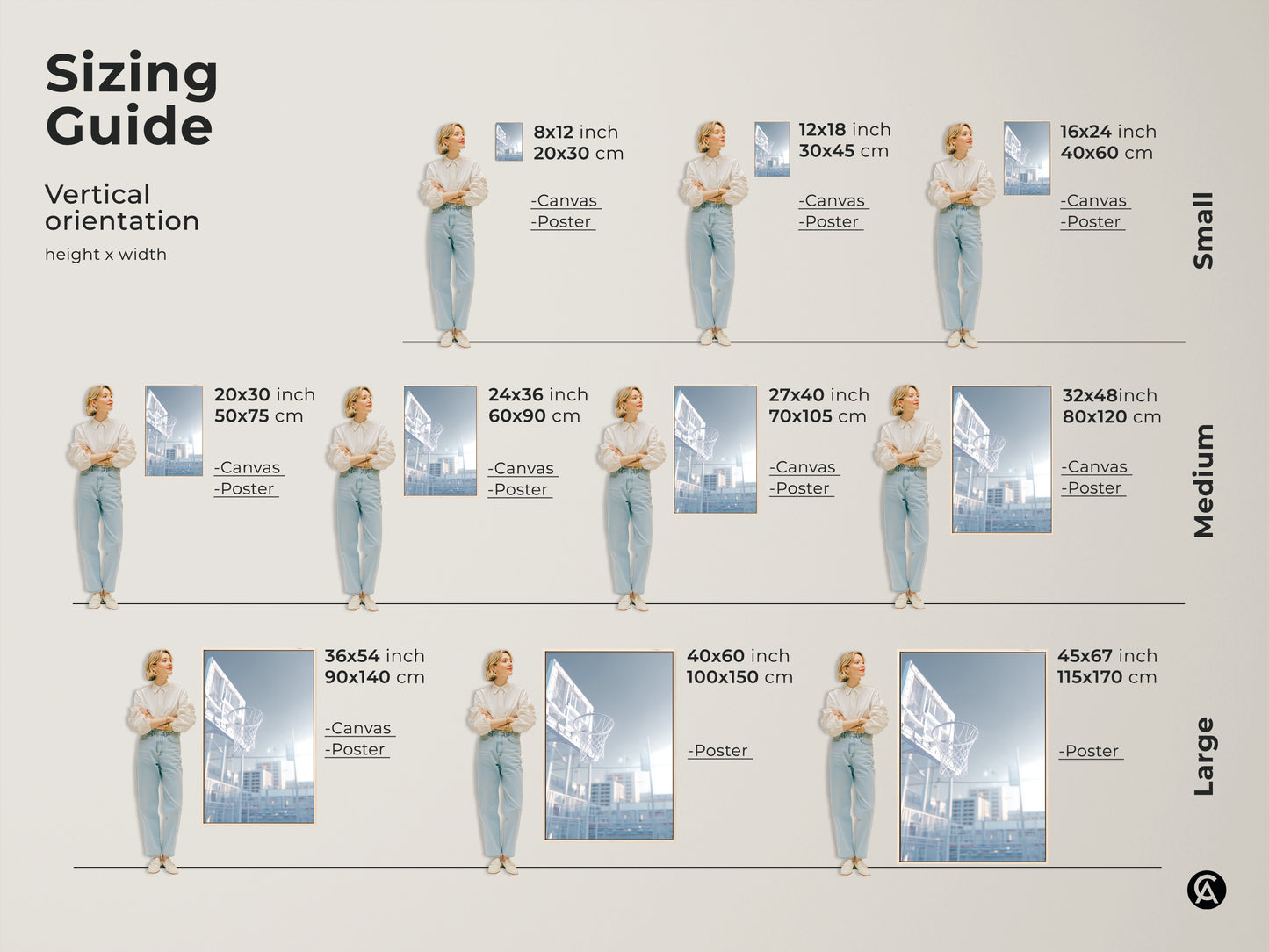 Sizing guide for vertical basketball hoop art. Available in small medium and large sizes. Choose from canvas or poster prints. Find the perfect size for your space today. Shop now.