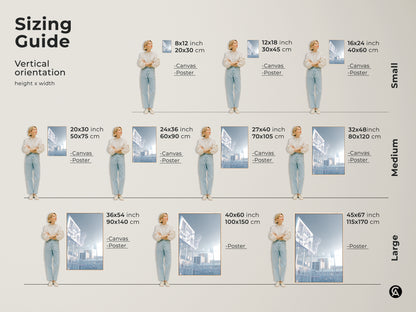 Sizing guide for vertical basketball hoop art. Available in small medium and large sizes. Choose from canvas or poster prints. Find the perfect size for your space today. Shop now.