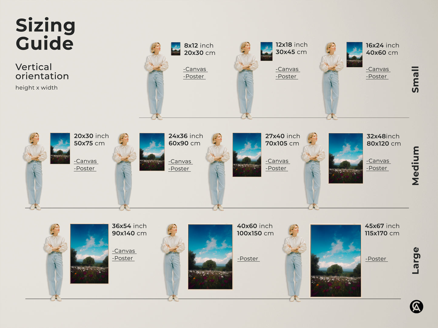 Sizing guide for vertical orientation of wildflower canvas and poster prints. Sizes range from small to large. The impressionistic mountain landscape art featuring a blue sky looks great in any size. Find the perfect fit for your space.