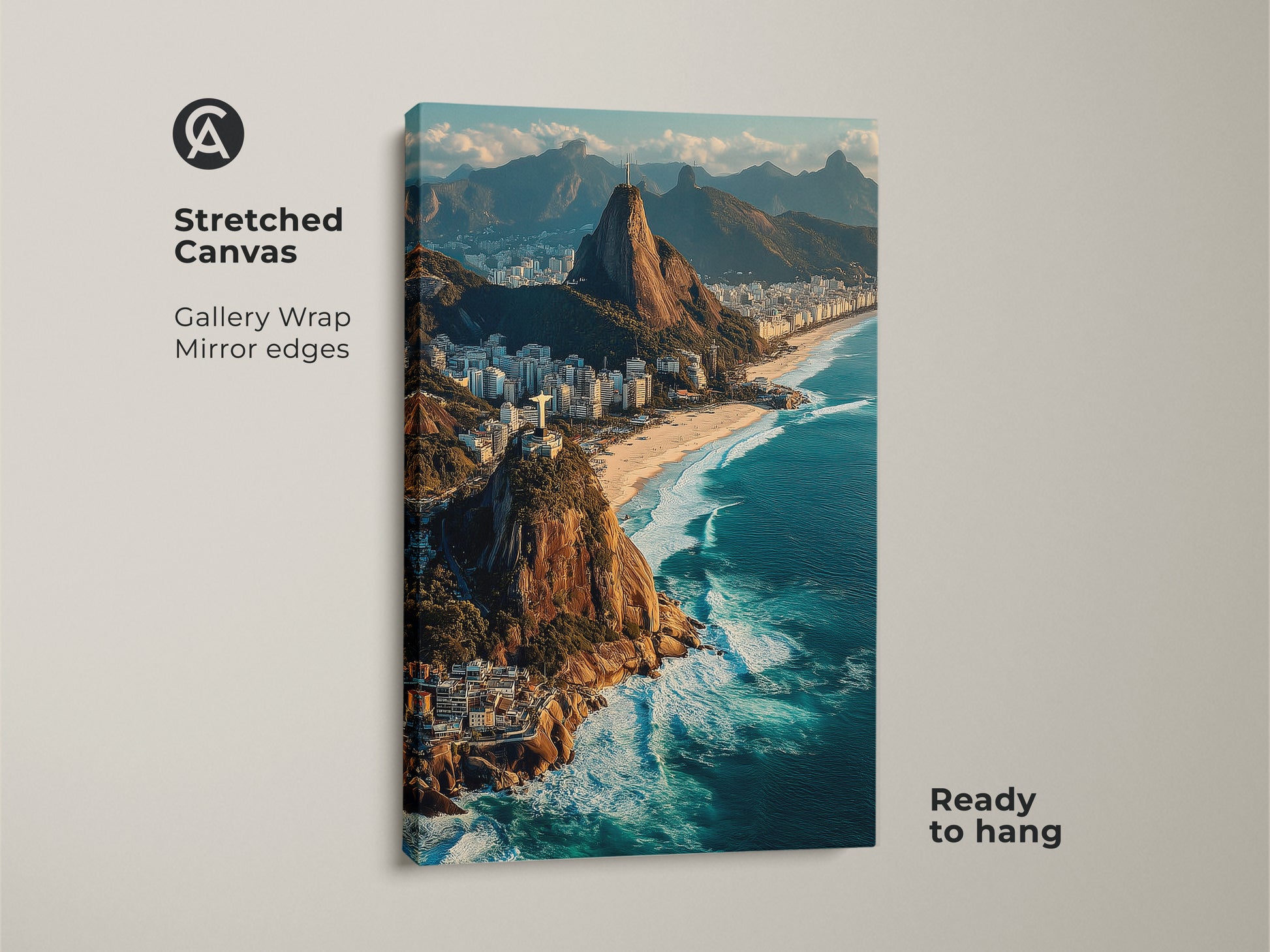 Stretched canvas of Rio de Janeiro featuring Ipanema Beach and Christ the Redeemer. This gallery wrap with mirror edges is ready to hang. Ocean blue waves crash against the shore in this travel photography artwork. A beautiful view of Brazil
