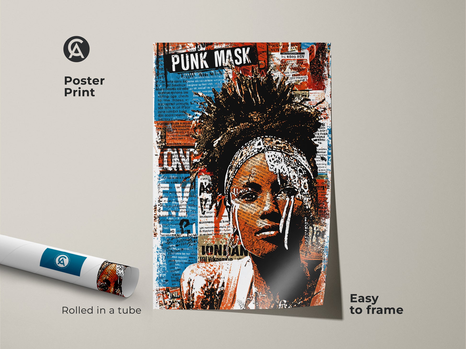 Poster print of a punk mask woman portrait art. The urban street art collage features eclectic colors. The print comes rolled in a tube for easy framing. It is a perfect music lover gift. This bold color art print adds character to any room. It is a unique and alternative wall decor choice.