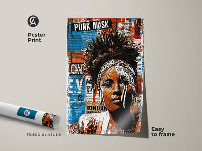 Poster print of a punk mask woman portrait art. The urban street art collage features eclectic colors. The print comes rolled in a tube for easy framing. It is a perfect music lover gift. This bold color art print adds character to any room. It is a unique and alternative wall decor choice.