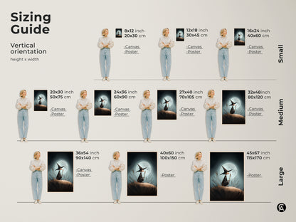 Sizing guide displaying vertical orientation options. The witch art is available in canvas and poster formats. The sizes range from small medium to large ensuring a perfect fit for any space.