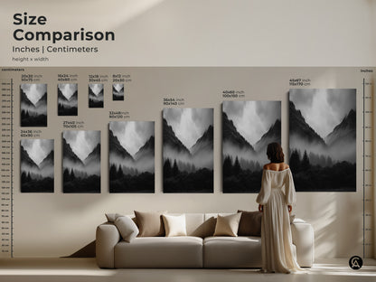 Size comparison of monochrome forest art prints. Inches and centimeters are displayed. Black and white mountain landscape artwork as modern nature decor. See how each size transforms your living space. This natural landscape wall hanging is perfect for any home.