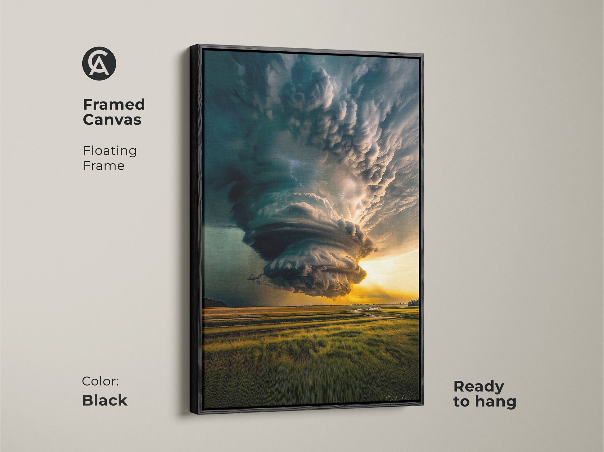 Black framed canvas featuring a dramatic tornado landscape art with a floating frame. This modern wall decor piece is ready to hang. The teal and yellow nature art adds a dynamic focal point to a living room or office space. Perfect as a housewarming gift.