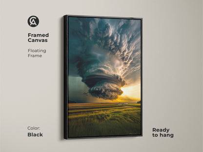 Black framed canvas featuring a dramatic tornado landscape art with a floating frame. This modern wall decor piece is ready to hang. The teal and yellow nature art adds a dynamic focal point to a living room or office space. Perfect as a housewarming gift.