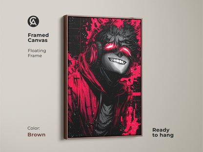 Elevate your space with this framed canvas art. It features an anime character with glowing red eyes in a brown floating frame. The artwork arrives ready to hang adding a touch of warmth to any room. Shop now.