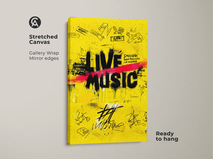 Stretched canvas showcases yellow graffiti artwork with a gallery wrap. The street art canvas print is ready to hang. This urban music decor features 'Live Music' in black. It's a perfect eclectic art piece for a bar or music room.