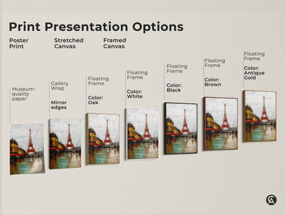 Explore print presentation options for Parisian cityscape artwork including poster prints stretched canvas and framed canvas. Museum-quality paper gallery wrap and floating frame choices are available. Find the perfect style to showcase Eiffel Tower and cafe scene art.