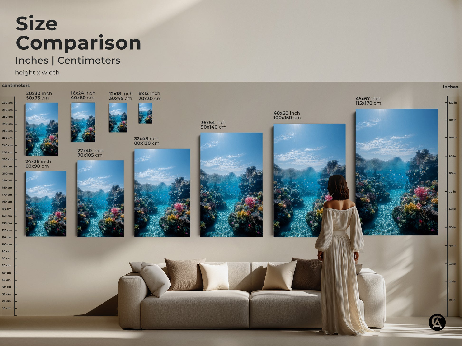 Size comparison of underwater coral reef artwork in inches and centimeters. See how each canvas print or poster transforms your living room. Find the ideal size for your home decor.