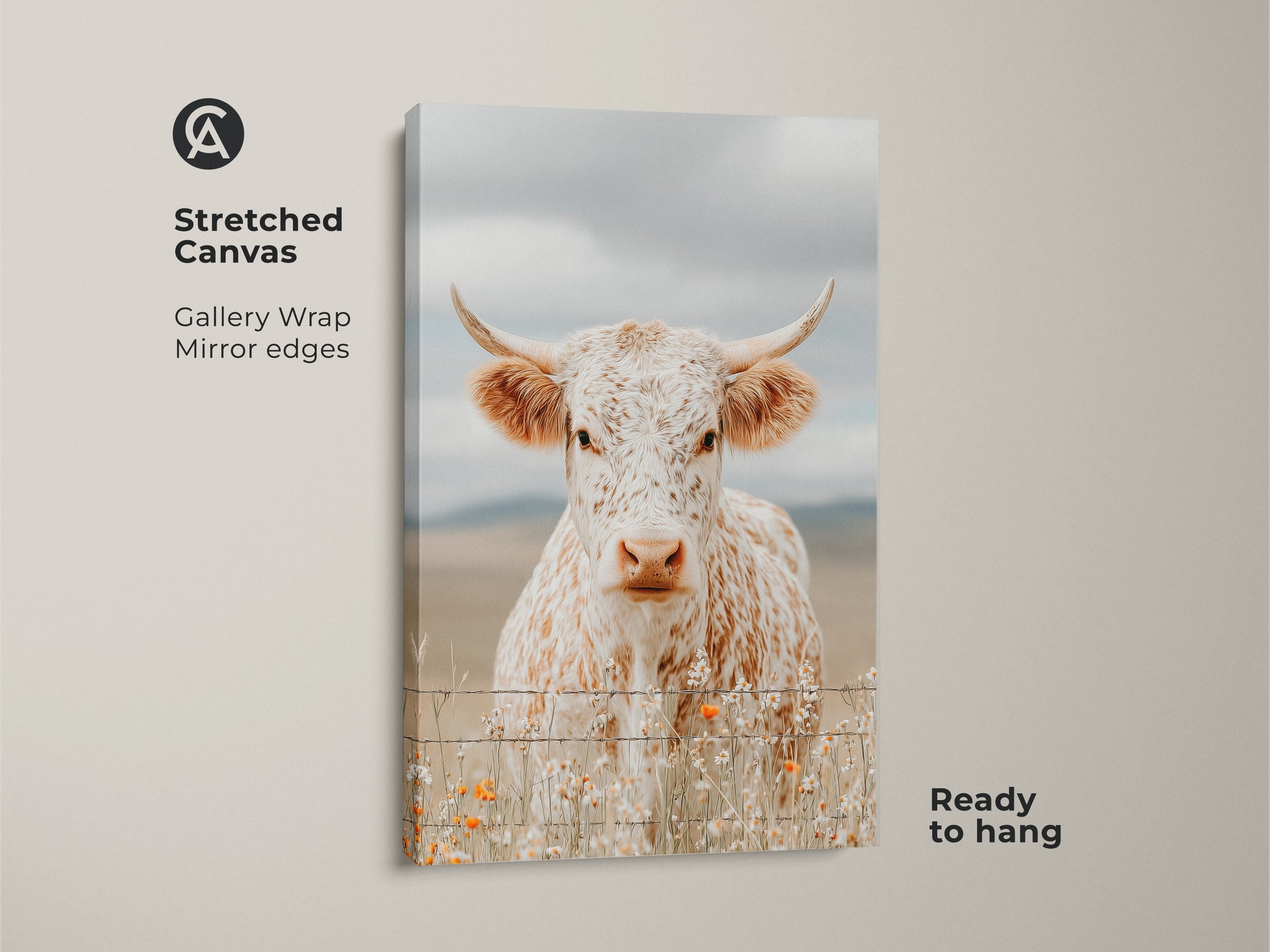 Stretched canvas art featuring a white and brown speckled longhorn cow. The canvas has gallery wrapped mirror edges. The cow stands behind a barbed wire fence. Orange wildflowers are at the base. This canvas artwork is ready to hang.