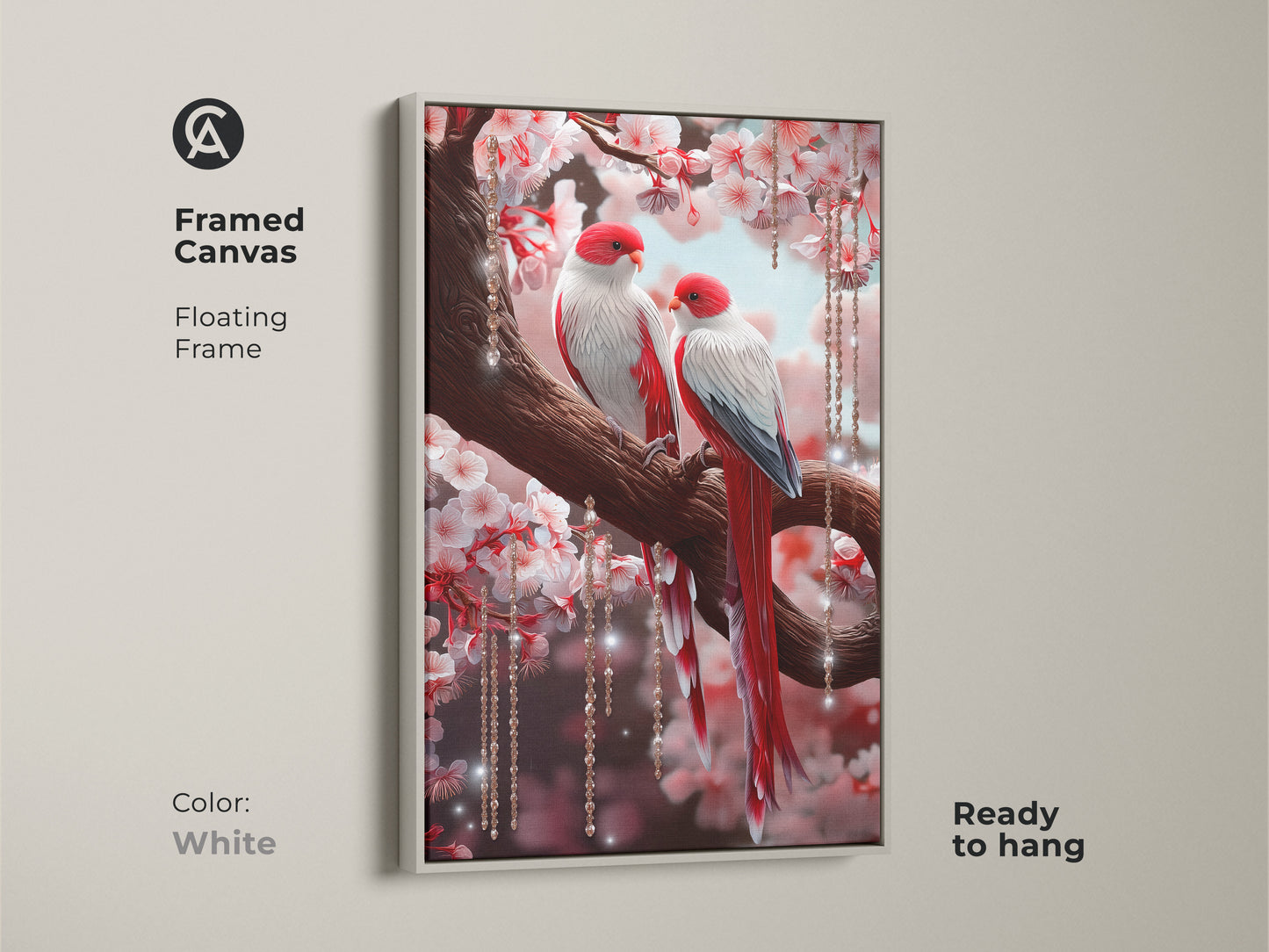 White framed canvas features lovebirds on a cherry blossom branch. Red and white birds are enhanced by crystals. Romantic couple gift adds an eclectic touch. This illustrative animal art is ready to hang for easy display.
