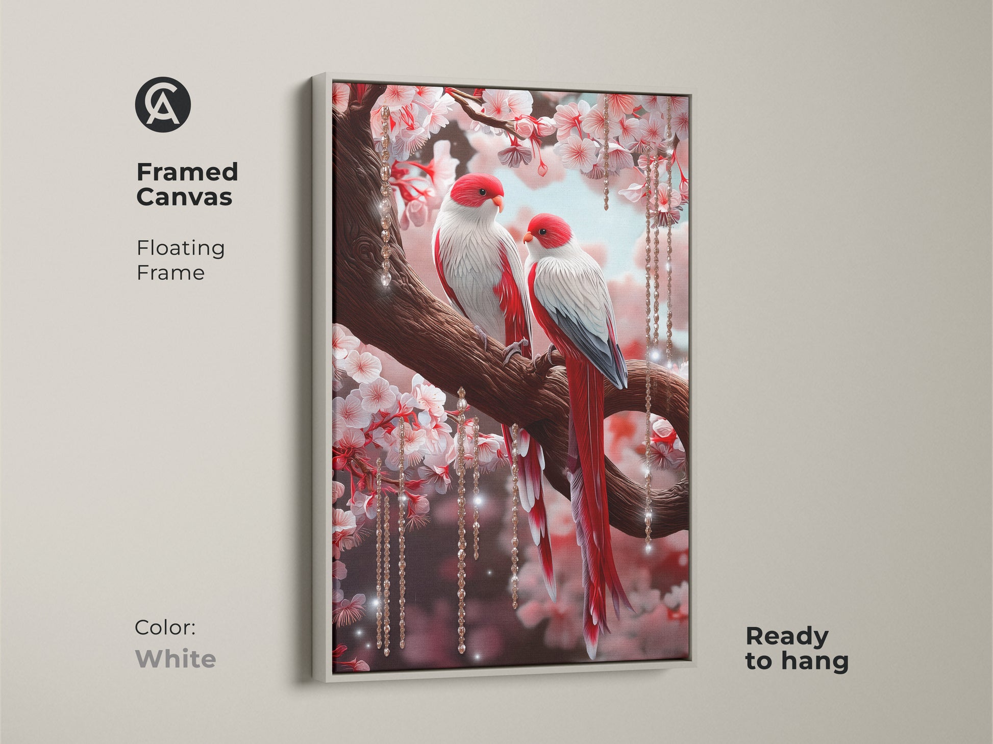 White framed canvas features lovebirds on a cherry blossom branch. Red and white birds are enhanced by crystals. Romantic couple gift adds an eclectic touch. This illustrative animal art is ready to hang for easy display.
