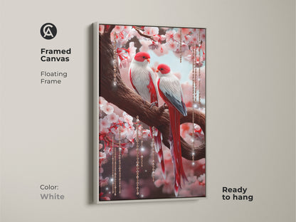 White framed canvas features lovebirds on a cherry blossom branch. Red and white birds are enhanced by crystals. Romantic couple gift adds an eclectic touch. This illustrative animal art is ready to hang for easy display.