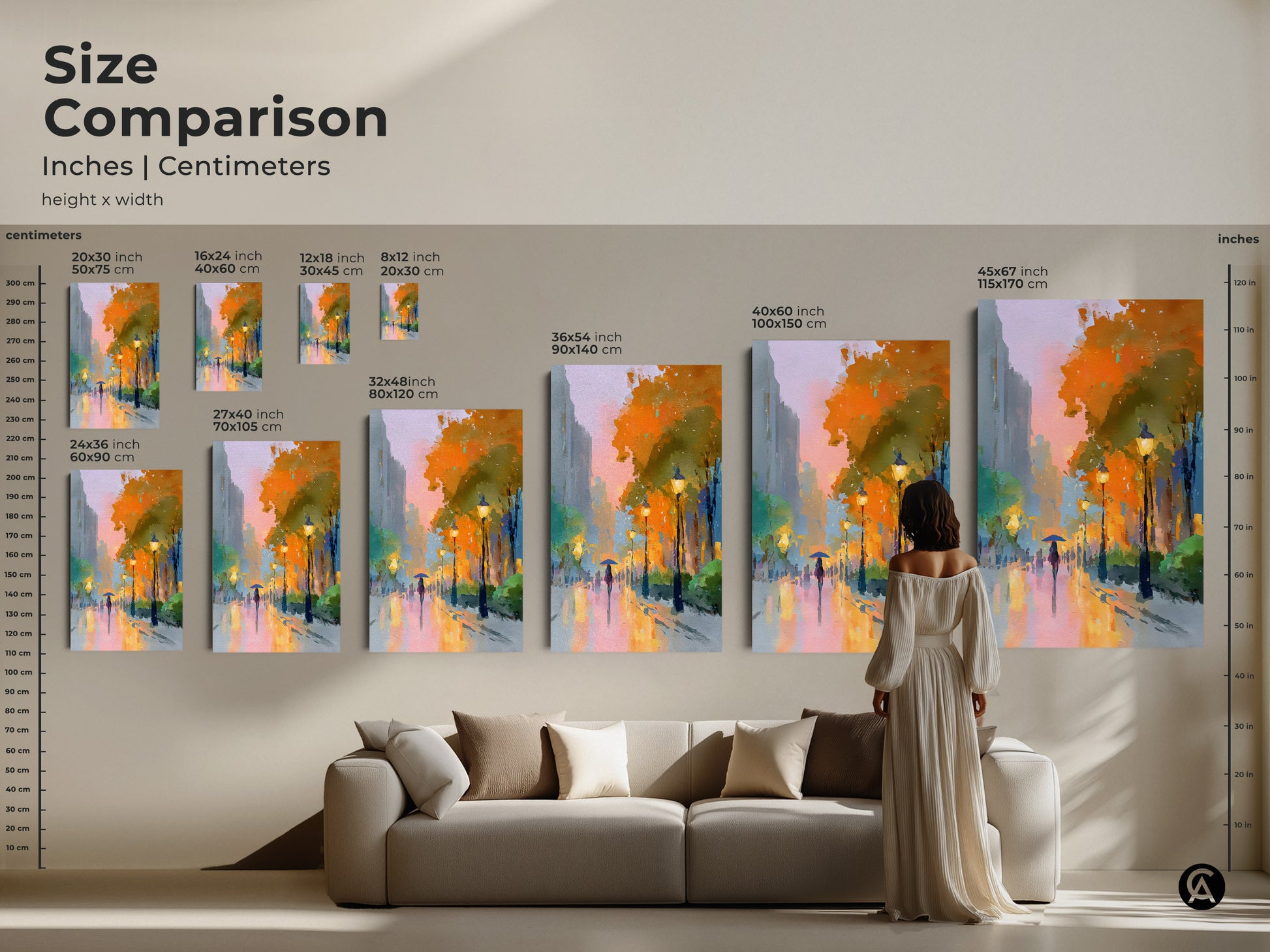 Size comparison of the expressive cityscape art in inches and centimeters. See how the canvas print fits above a sofa. This contemporary urban landscape art adds a colorful and moody touch. Ideal for modern apartment decor.