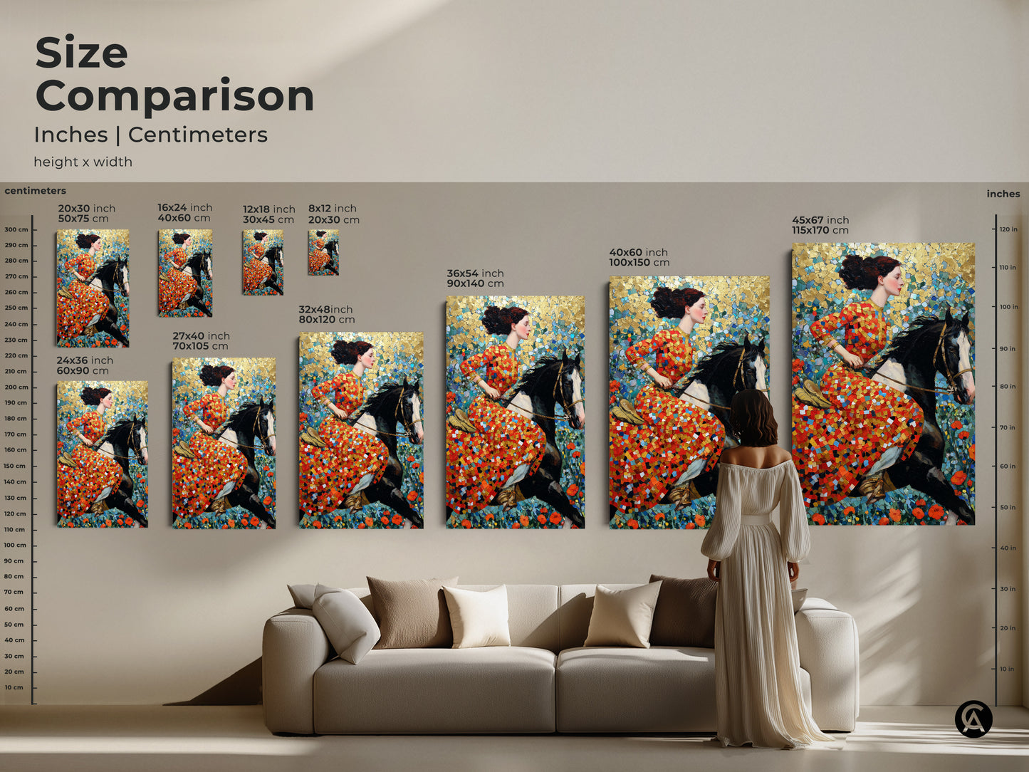 Compare the sizes of this woman riding horse art print. Visualize how the mosaic style artwork fits above a sofa. See the red gold and teal colors enhance the room's decor. Perfect for adding an equestrian theme to your living space. Choose the ideal size for your canvas art.