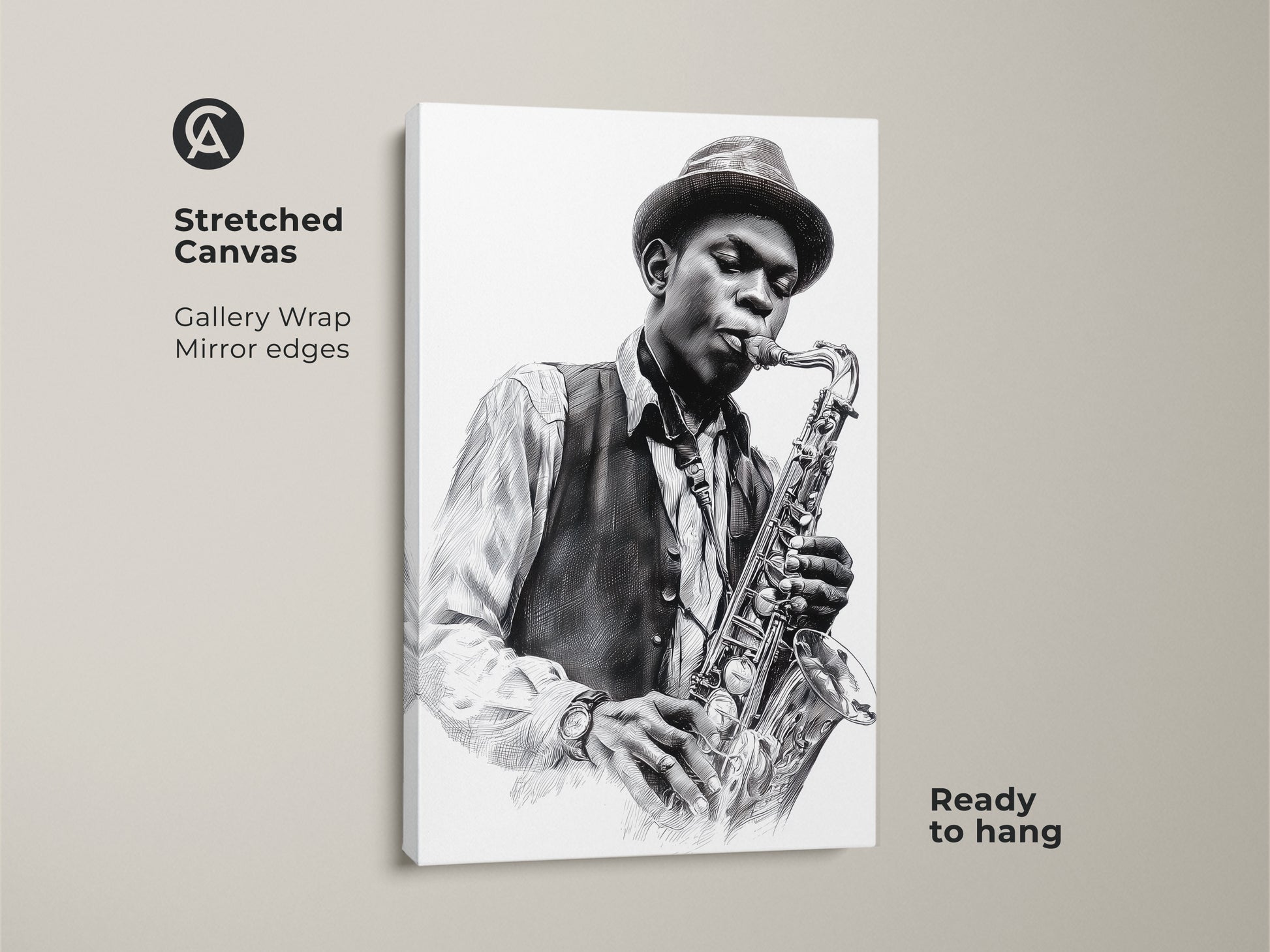 Gallery wrapped canvas print featuring a saxophone player. The black and white artwork has mirror edges. The musician wears a fedora and vest. Ready to hang stretched canvas adds a touch of class. Perfect for jazz fans. Find art online today.