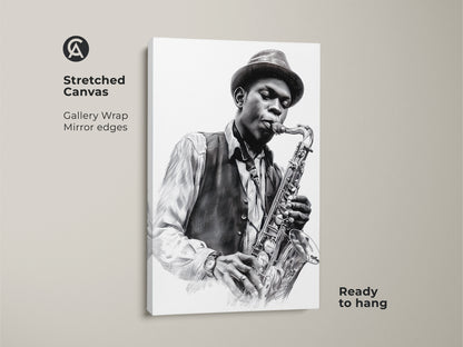 Gallery wrapped canvas print featuring a saxophone player. The black and white artwork has mirror edges. The musician wears a fedora and vest. Ready to hang stretched canvas adds a touch of class. Perfect for jazz fans. Find art online today.