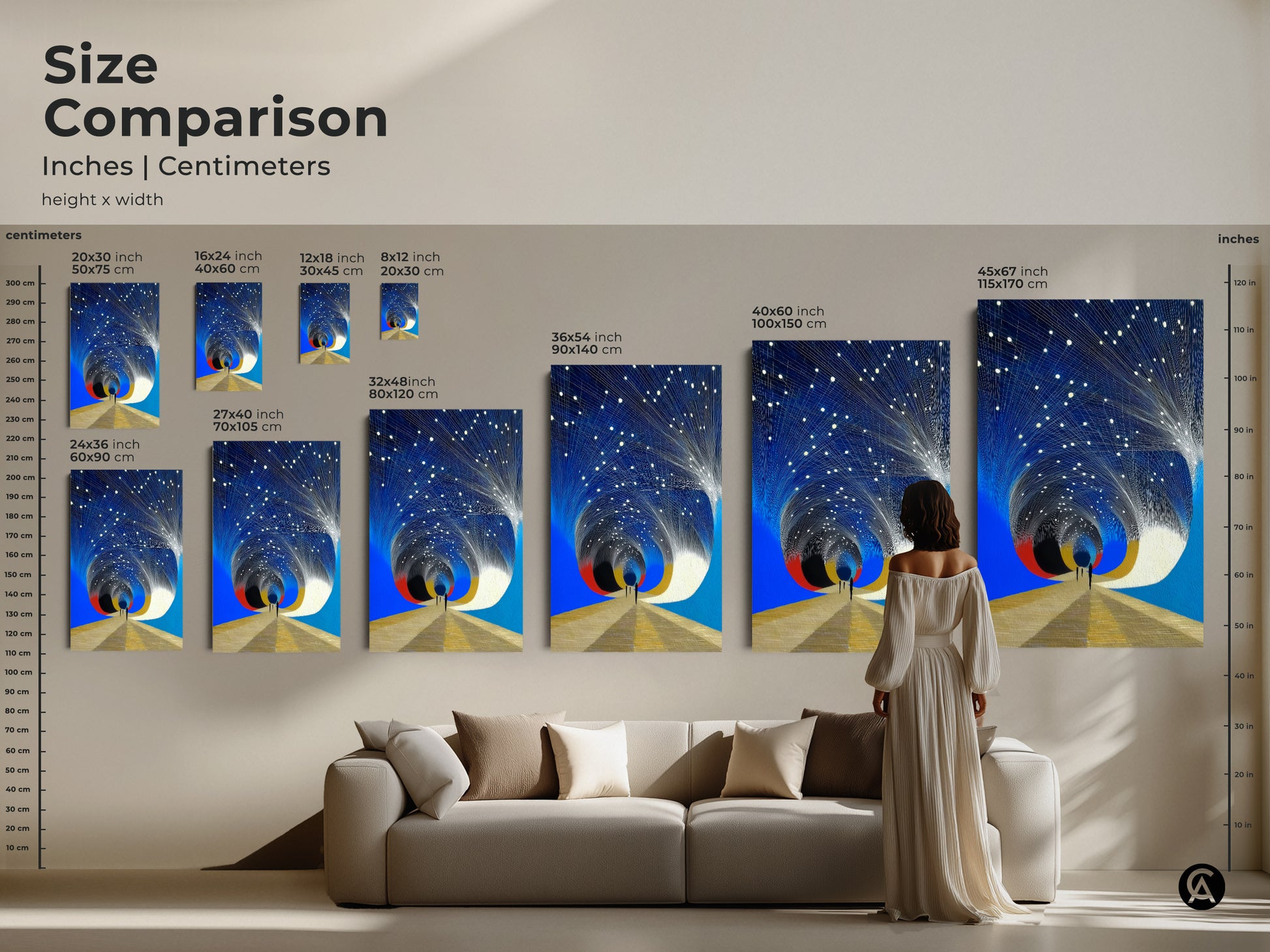 Size comparison for abstract celestial canvas prints. Visualize how each size enhances your space from small 16x24 inch to grand 45x67 inch. Ideal for modern home decor.