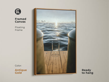 Add a touch of luxury with this framed nautical wall art. The antique gold floating frame complements the serene ocean view. The photorealistic yacht scene is perfect for boat owners. It brings a sense of maritime elegance.
