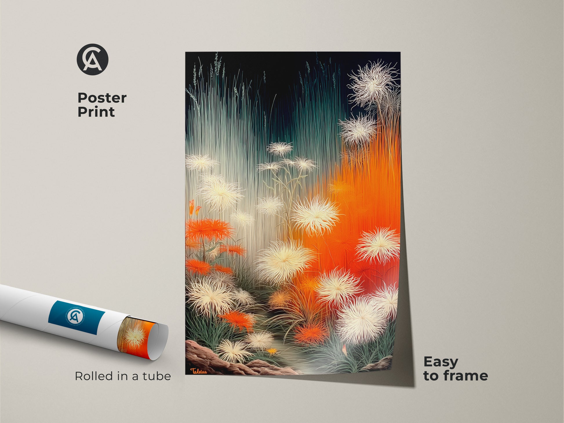 Poster print of an orange white and teal abstract floral art. The dandelion nature artwork comes rolled in a tube and is easy to frame. This modern contemporary decor offers versatile styling options for living rooms bedrooms or offices. Ideal gift for those who appreciate abstract plant art.
