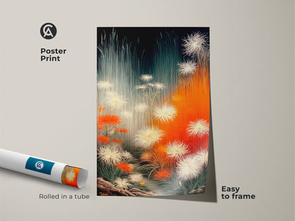 Poster print of an orange white and teal abstract floral art. The dandelion nature artwork comes rolled in a tube and is easy to frame. This modern contemporary decor offers versatile styling options for living rooms bedrooms or offices. Ideal gift for those who appreciate abstract plant art.