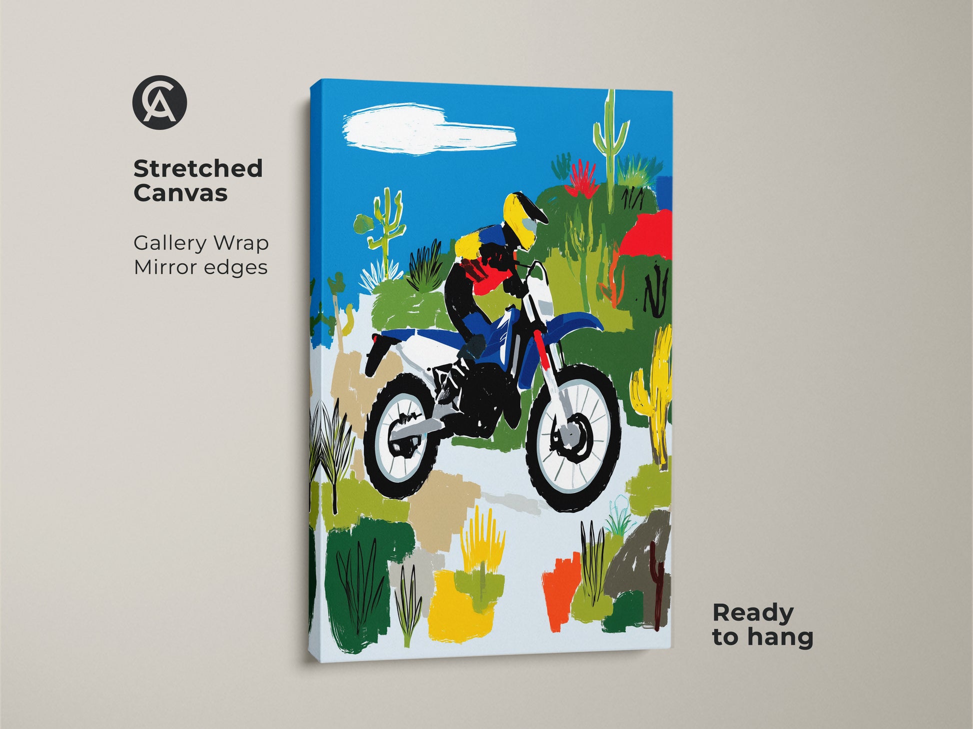Stretched canvas print of abstract motocross artwork. The gallery wrap highlights mirror edges and the art is ready to hang. Blue yellow and green canvas showcases a desert dirt bike scene. Ideal as wall decor for sports enthusiasts or a unique man cave gift.
