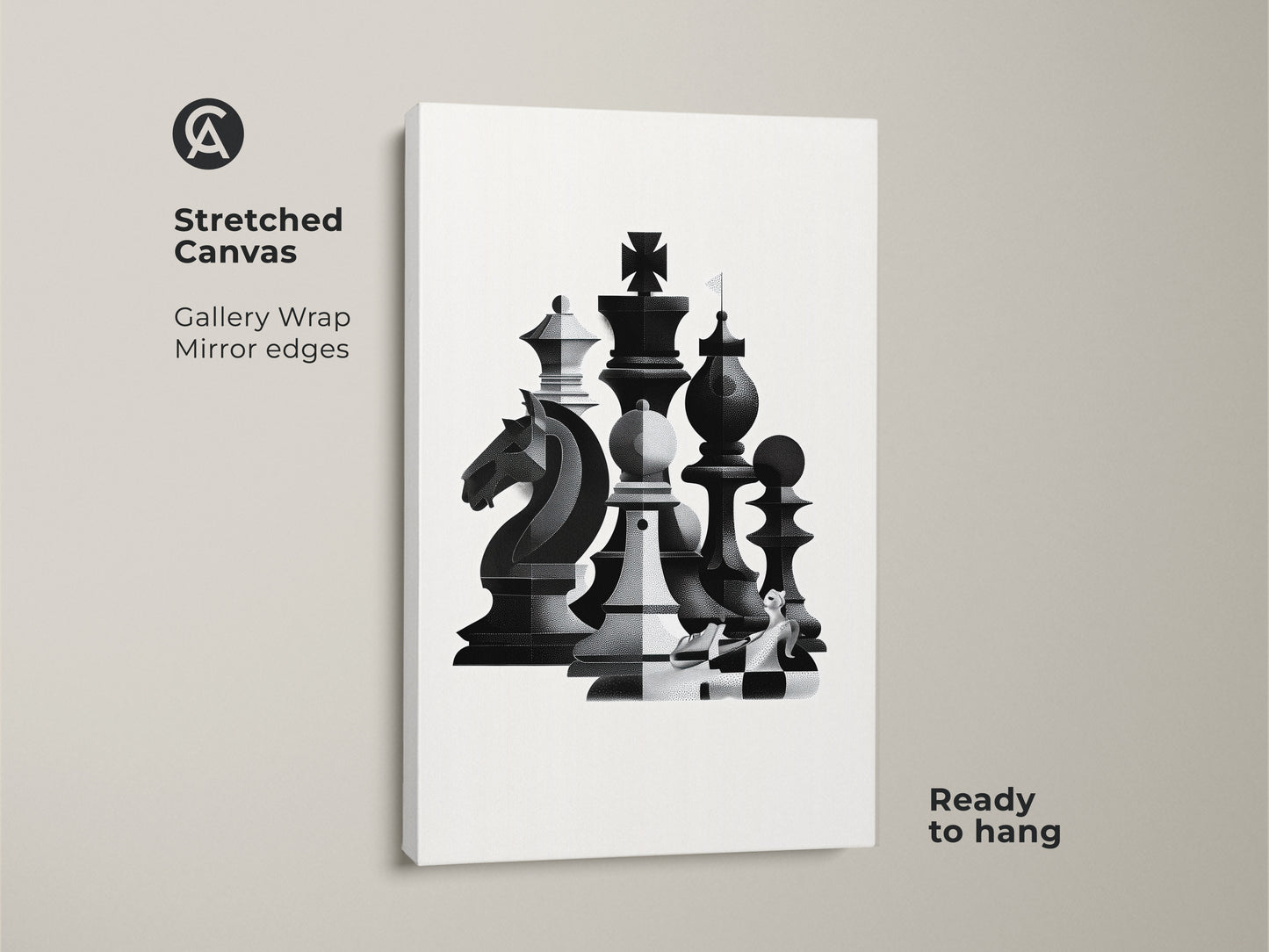 This stretched canvas features abstract chess art. The monochrome wall art is ready to hang with gallery wrapped mirror edges. It brings intellectual depth to your space. This geometric knight print is a perfect modern office decor.
