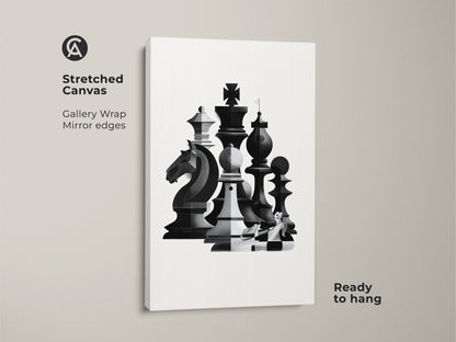 This stretched canvas features abstract chess art. The monochrome wall art is ready to hang with gallery wrapped mirror edges. It brings intellectual depth to your space. This geometric knight print is a perfect modern office decor.