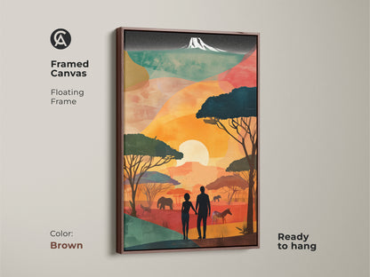 This canvas art is framed in warm brown creating a cozy feel. The retro African landscape shows a boho couple silhouette. See savanna wildlife with elephants zebras & trees. It's ready to hang. Perfect for those who love travel nature. It is also a unique anniversary gift.