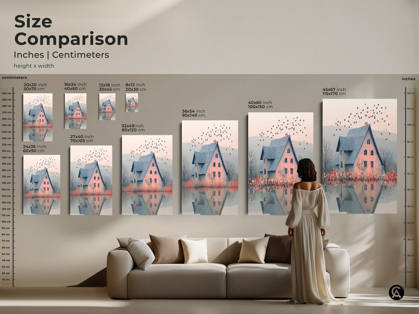 Size comparison of art prints in inches and centimeters. A woman looks at wall decor. A blue roof house by a misty lake is show. See our nature landscape print and bedroom decor.