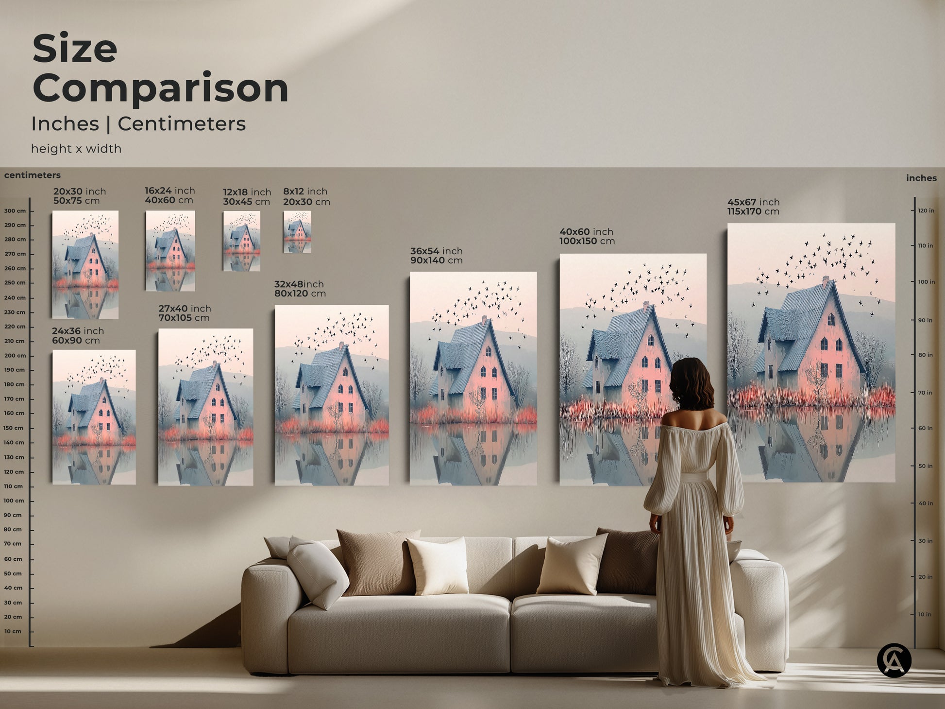 Size comparison of art prints in inches and centimeters. A woman looks at wall decor. A blue roof house by a misty lake is show. See our nature landscape print and bedroom decor.