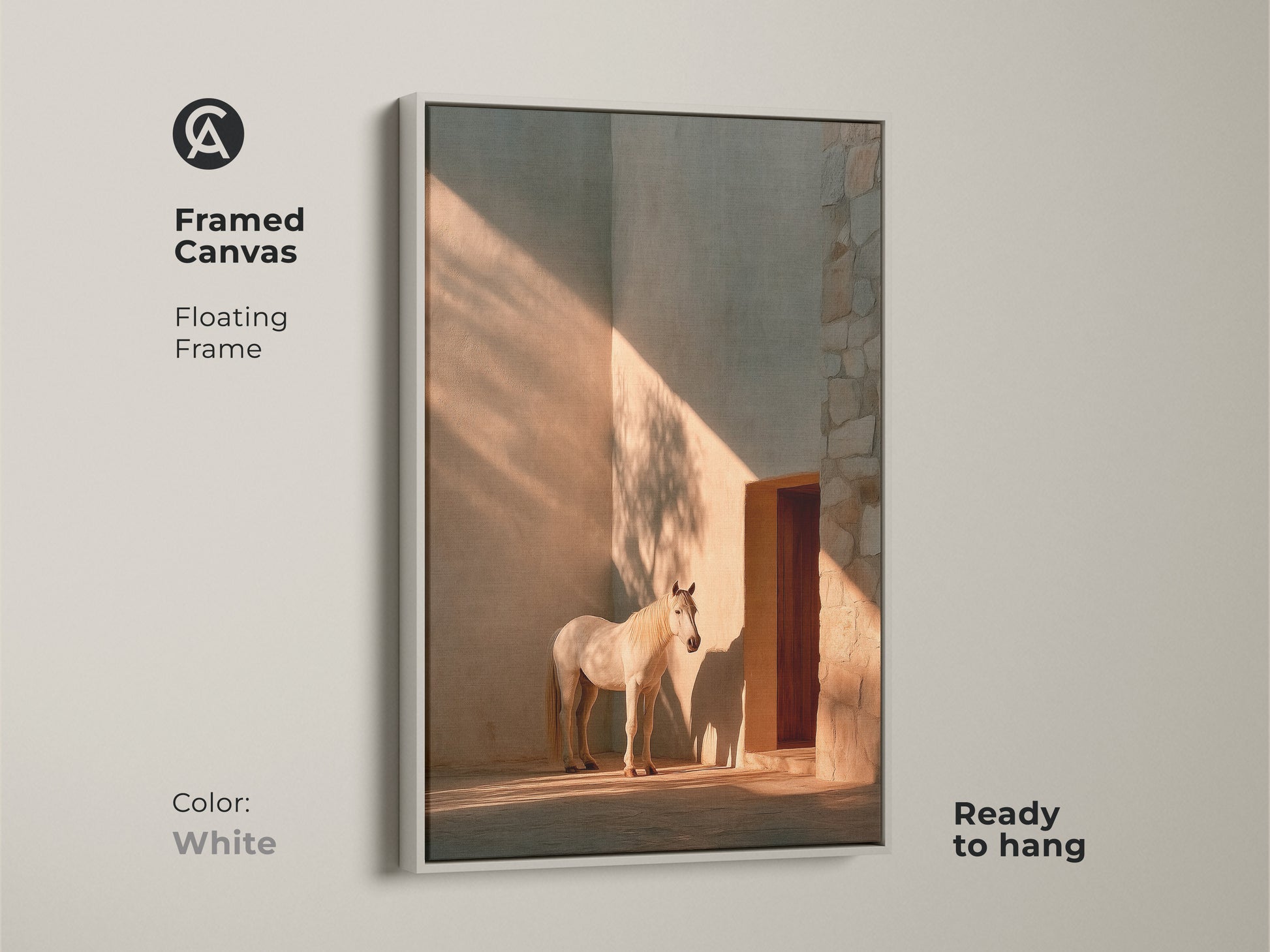 Framed canvas in white featuring minimalist horse wall art. The photorealistic horse print is in warm ochre tones. The floating frame enhances modern entry hall decor. This equestrian gift for her is ready to hang. Light and shadow give a chic look. Ideal for a horse lover gift. Perfect for contemporary horse art.